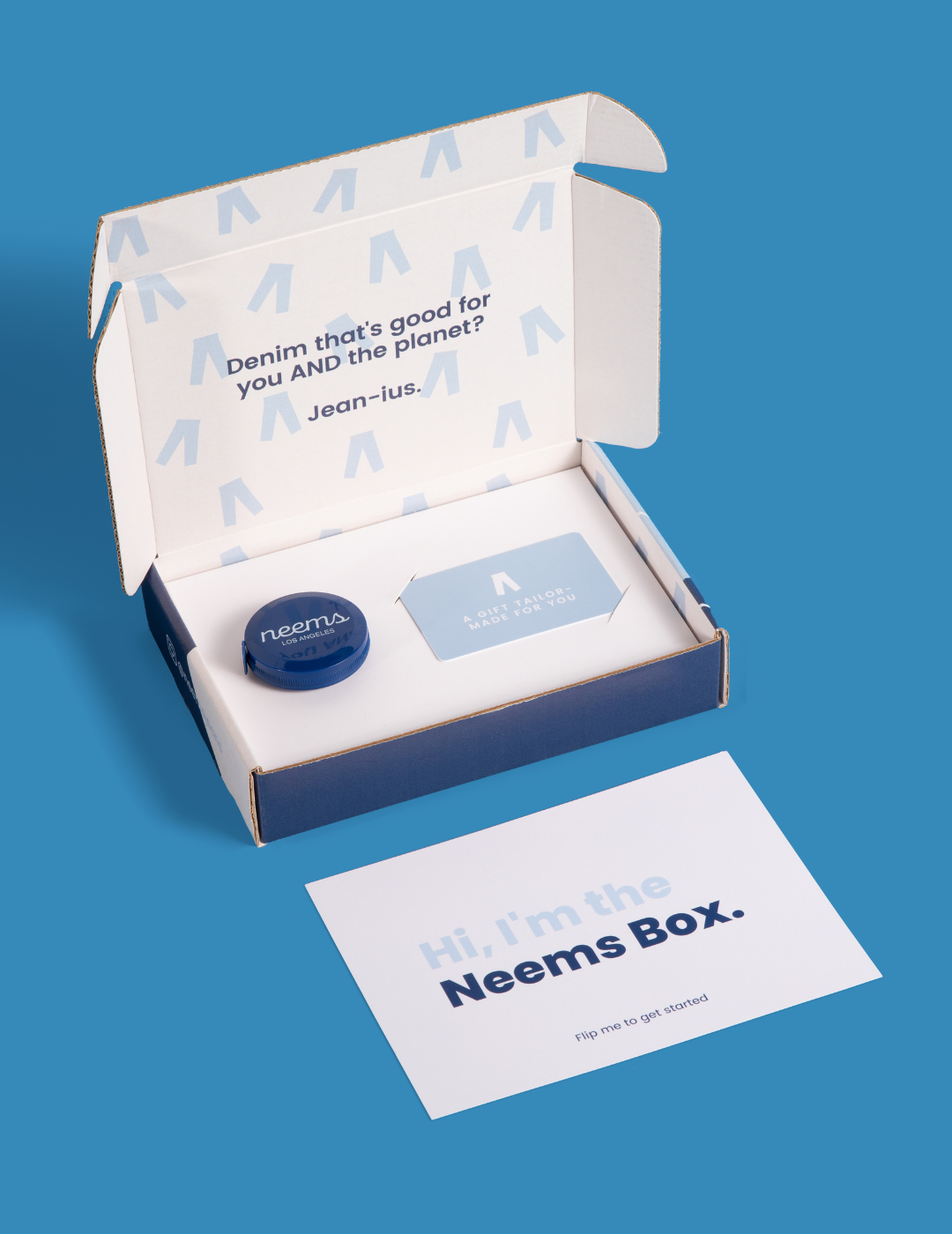 The Neems Box includes a measuring tape, a gift card, and an easy-to-follow guide on how to redeem their custom jeans